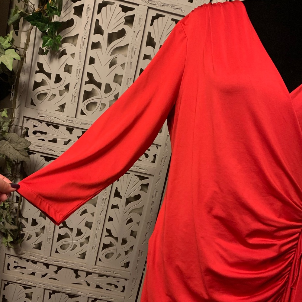 K JORDEN BRILLIANT RED ROUCHED & RUFFLED LONG SLEEVE STRETCHY MIDI DRESS - Picture 6 of 9